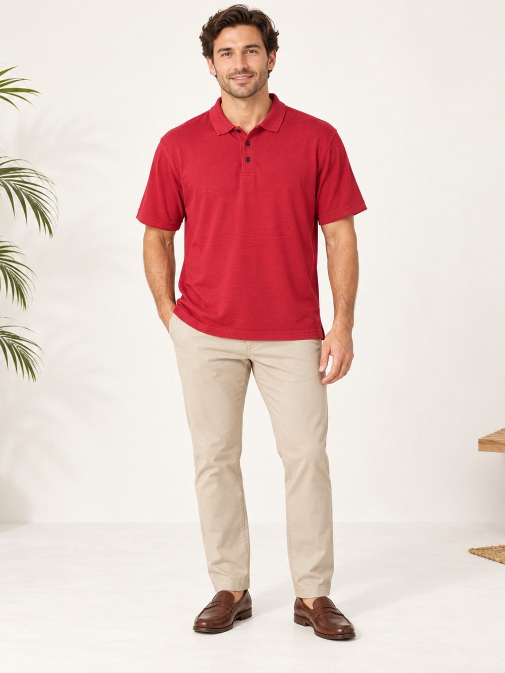 Caribbean Joe Men’s Large Red Textured Polo Shirt Rayon Cotton Casual